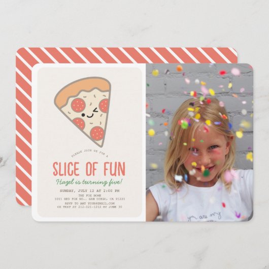 Slice Fun Pizza Party Kawaii Geburtstag Foto Einladung (Vorne/Hinten)