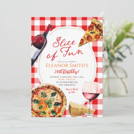 Slice Fun Pizza und Wine Theme Erwachsene Geburtst Einladung (Stehend Vorderseite)