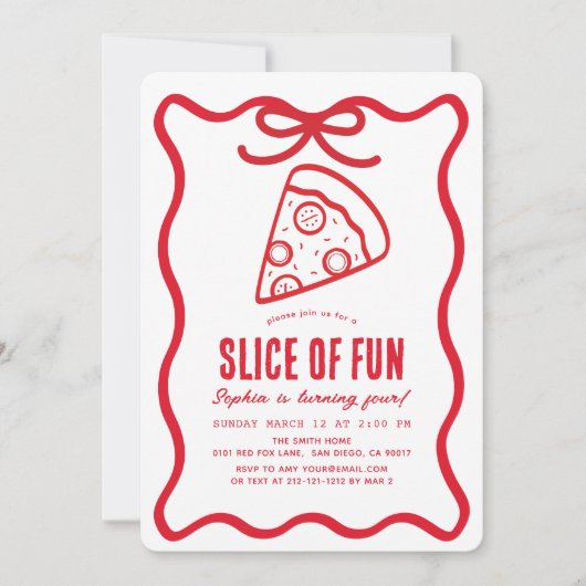 Slice of Fun Red Hand-drawn Pizza Birthday Einladung (Vorderseite)