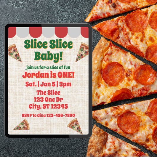 Slice Slice Baby, pizza 1st birthday Einladung