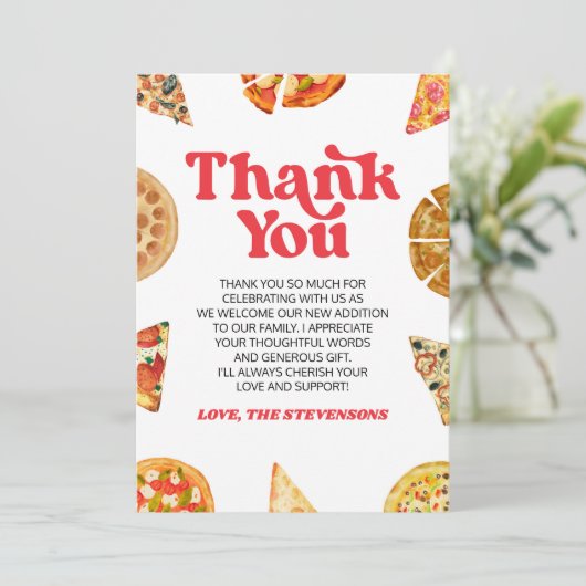 Slice Slice Baby! Pizza Baby Shower Dankeskarte (Stehend Vorderseite)