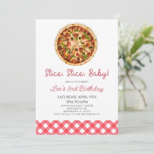 Slice, Slice, Baby! Pizza Birthday Party Einladung (Stehend Vorderseite)