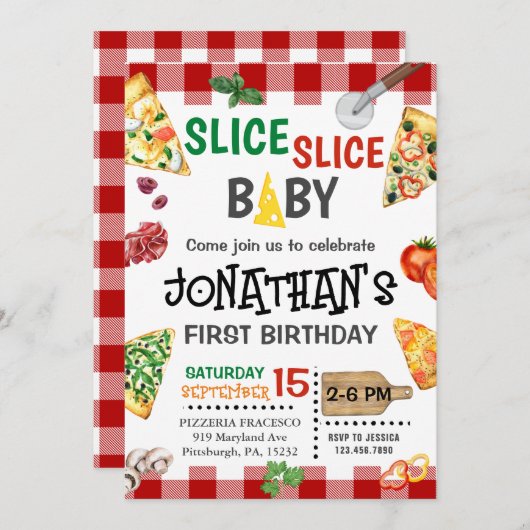Slice Slice Baby Pizza Party 1. Geburtstag Einladung (Vorne/Hinten)