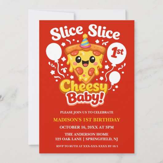 Slice Slice Cheesy Baby Pizza 1st Birthday Einladung (Vorderseite)