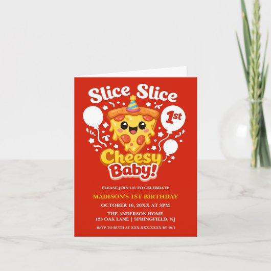 Slice Slice Cheesy Baby Pizza 1st Birthday Einladung (Vorderseite)