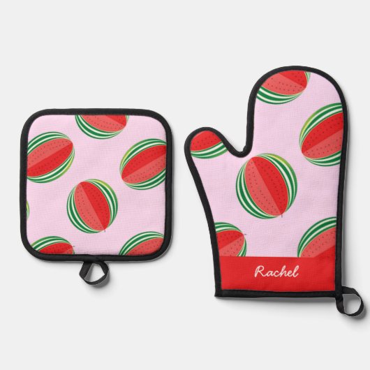 Sliced watermelon pattern on pink ofenhandschuh & Topflappen-Set (Vorderseite)