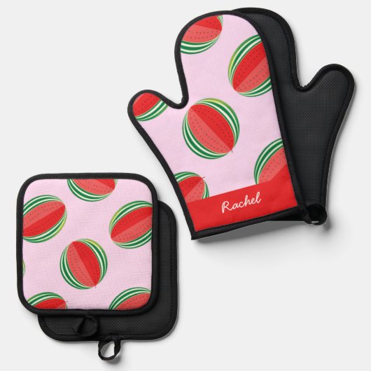 Sliced watermelon pattern on pink ofenhandschuh & Topflappen-Set (Vorderseite/Rückseite)