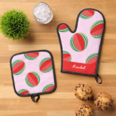 Sliced watermelon pattern on pink ofenhandschuh & Topflappen-Set (Oben Unten)
