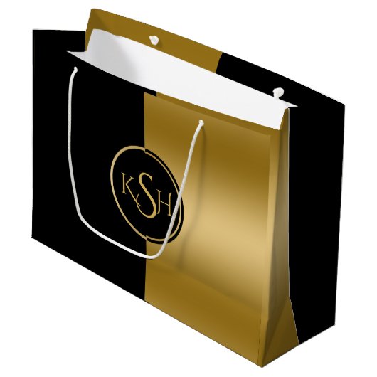 Slick Gold & Black Modern Geometric Design Große Geschenktüte (Vorderseite Schrägansicht)