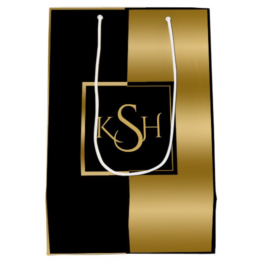 Slick Gold & Black Modern Geometric Design Mittlere Geschenktüte (Rückseite)