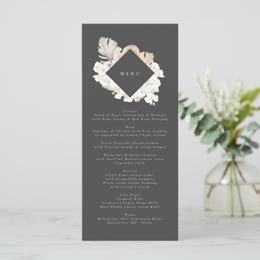 Slim Charcoal Cream Pampas Grass Floral Wedding Menükarte (Stehend Vorderseite)