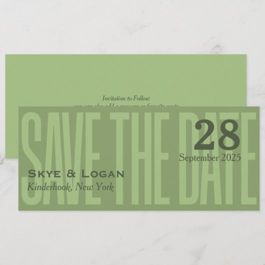 Slim Elegante Typografie Save the Date grün (Vorne/Hinten)