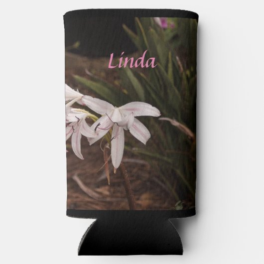 Slim Seltzer Can Cooler mit weißen rosa Lilien Selters Dosenkühler (Rückseite)