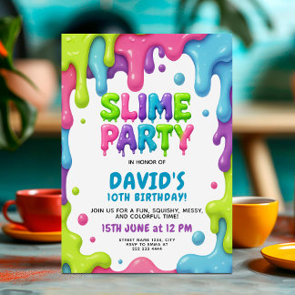 Slime Birthday mit farbenfrohen Neon-Tropfen Einladung