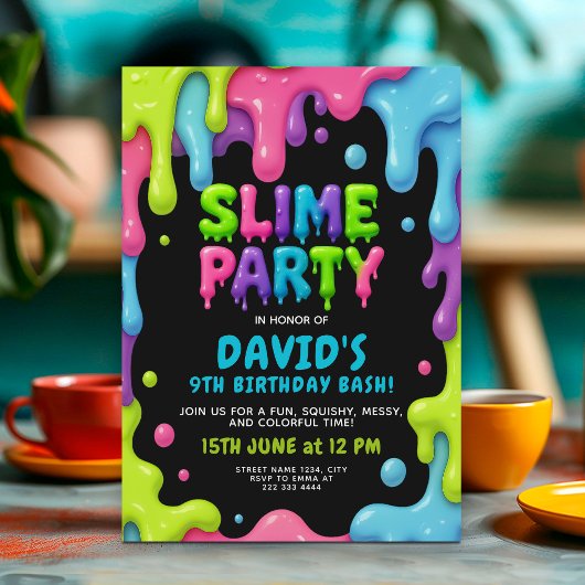 Slime Birthday Party mit Neon-Tropfen Einladung
