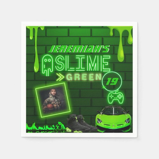 Slime Green | Foto Birthday Party Neon Green Serviette (Vorderseite)