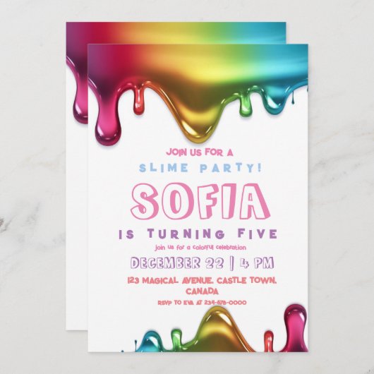 Slime Party Einladung farbenfrohe Slime Birthday (Vorne/Hinten)