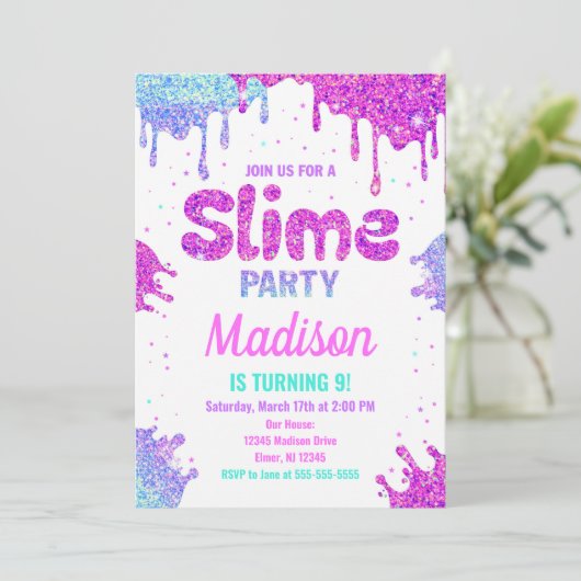 Slime Party Geburtstag Einladung Glitzer (Stehend Vorderseite)