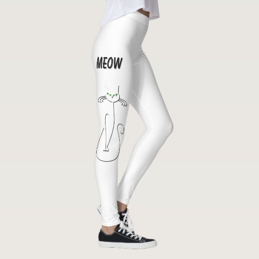 Slinky Black Cat Meow Meow Grüne Augen auf Weiß Leggings (Rechts)