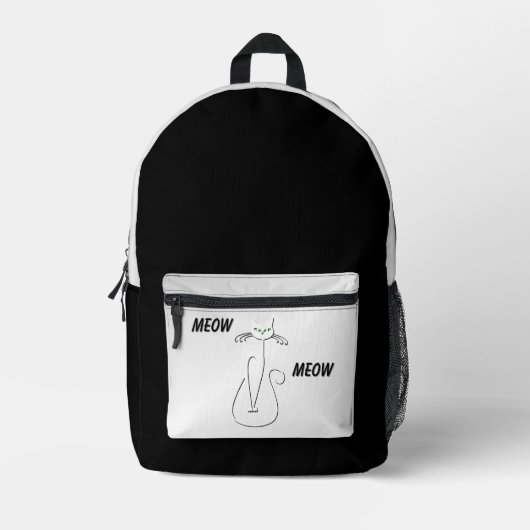 Slinky Black Cat Meow Meow Grüne Augen und Silber Bedruckter Rucksack (Vorderseite)