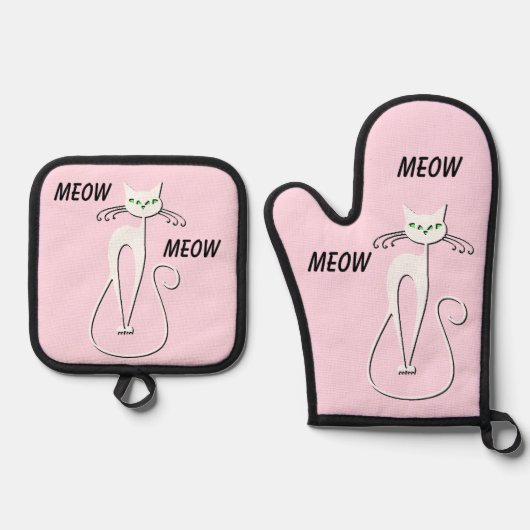 Slinky Black Cat sagt Meow Meow Pink Ofenhandschuh & Topflappen-Set (Vorderseite)