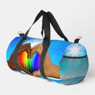 SlipperyJoe lebendiger Regenbogenfarbverlauf Herz Duffle Bag