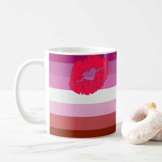 SlipperyJoe Lippenstift Lesbische Strichflagge Fem Kaffeetasse (Mit Donut)