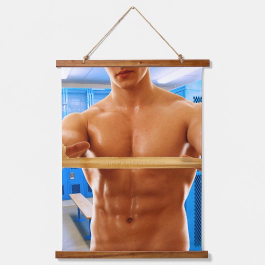 SlipperyJoe Musculus man abs locker Raum gekachelt Wandteppich Mit Holzrahmen (Vorderseite)