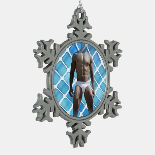 SlipperyJoe muskulöser Mann sechs Packungen abs mä Schneeflocken Zinn-Ornament (Links)