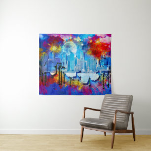 SlipperyJoe NYC Graffiti-Moon umringt wirbelnd Wandteppich