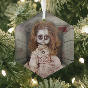 SlipperyJoe's antike gruselige Porzellanpuppe krie Ornament Aus Glas