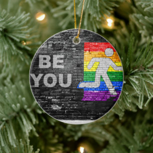 SlipperyJoe's Be You brick wall stick figure rainb Keramik Ornament