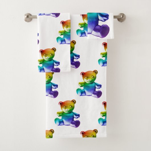 SlipperyJoe's brushed Metal Teddy Bär Regenbogensc Badhandtuch Set (Insitu)