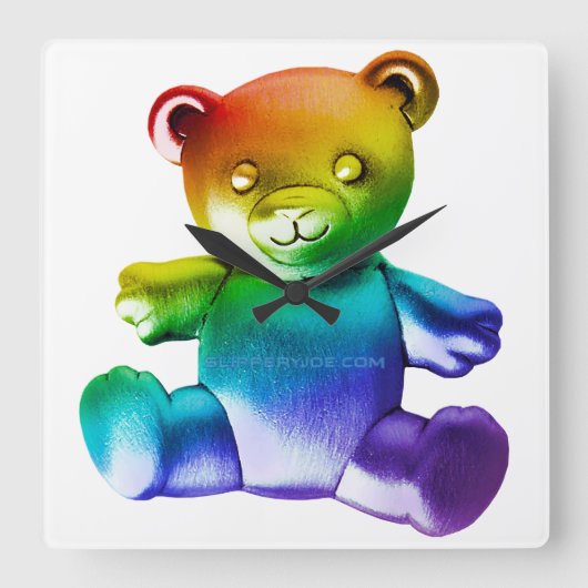 SlipperyJoe's brushed Metal Teddy Bär Regenbogensc Quadratische Wanduhr (Vorderseite)