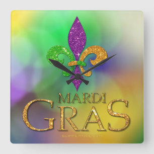 SlipperyJoe's festliches Mardi Gras themed lila gr Quadratische Wanduhr