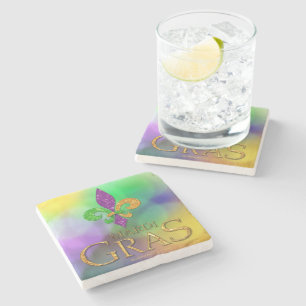 SlipperyJoe's festliches Mardi Gras themed lila gr Steinuntersetzer