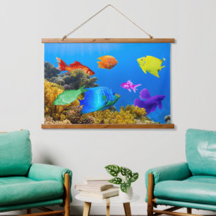 SlipperyJoe's Fish Pride tropisch-grüne blaue Purp Wandteppich Mit Holzrahmen