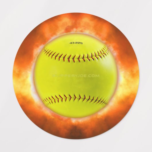 SlipperyJoe's gelbe Softball-Feuerball-Flammenrasp Etiketten (Design 2)