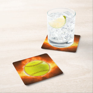 SlipperyJoe's gelbe Softball-Feuerball-Flammenrasp Rechteckiger Pappuntersetzer