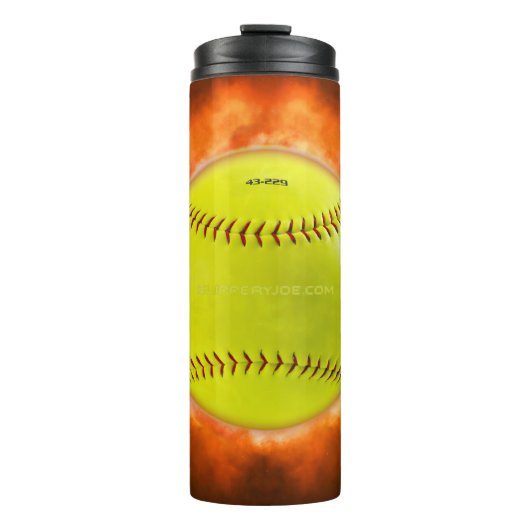 SlipperyJoe's gelbe Softball-Feuerball-Flammenrasp Thermosbecher (Vorderseite)