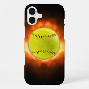 SlipperyJoe's gelber Softball-Feuerball Flammen ra iPhone 16 Plus Hülle