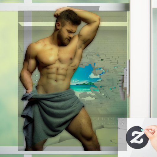 SlipperyJoe's Handtuch gebrochen, weiße Ziegelwand Fensteraufkleber (Zuhause)