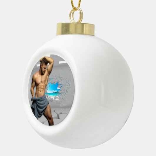 SlipperyJoe's Handtuch gebrochen, weiße Ziegelwand Keramik Kugel-Ornament (Rechts)