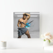 SlipperyJoe's Handtuch gebrochen, weiße Ziegelwand Quadratische Wanduhr (Zuhause)