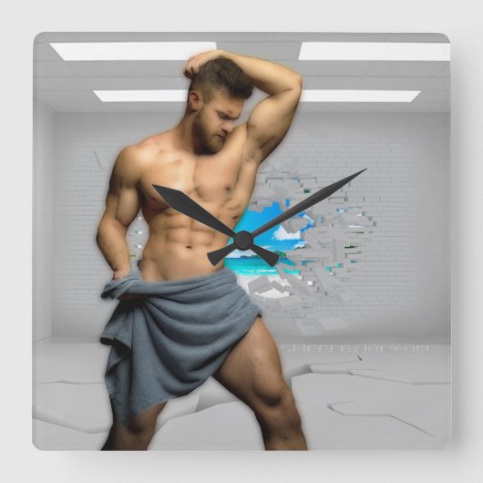 SlipperyJoe's Handtuch gebrochen, weiße Ziegelwand Quadratische Wanduhr (Vorderseite)