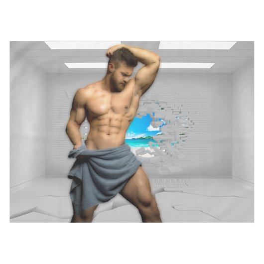 SlipperyJoe's Handtuch gebrochen, weiße Ziegelwand Tischdecke (Vorderseite (Horizontal))