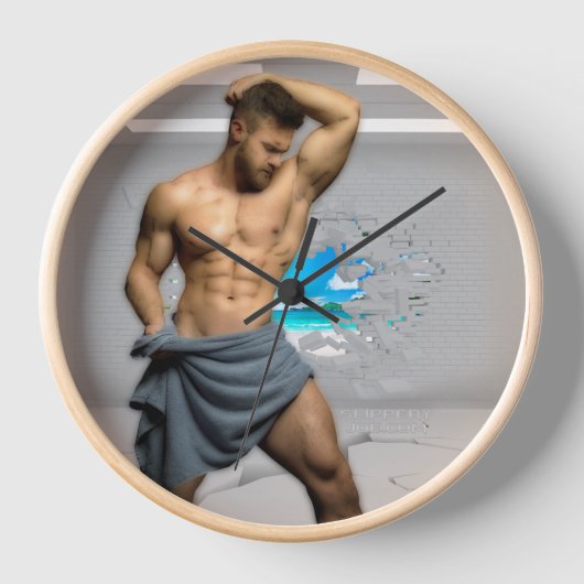 SlipperyJoe's Handtuch gebrochen, weiße Ziegelwand Uhr (Vorderseite)