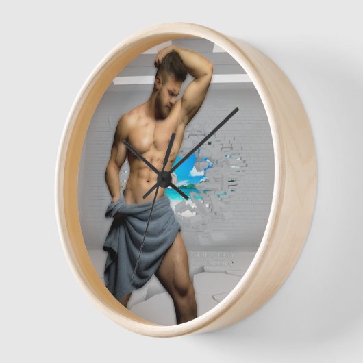 SlipperyJoe's Handtuch gebrochen, weiße Ziegelwand Uhr (Winkel)