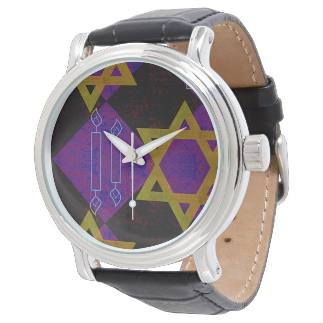 SlipperyJoe's Happy Hanukkah Star von David menora Armbanduhr (Schrägansicht)
