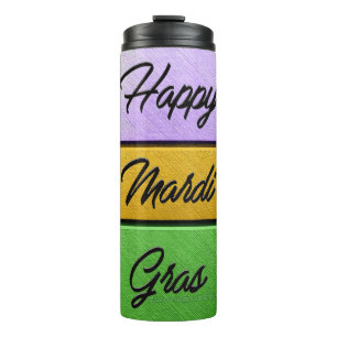 SlipperyJoe's Happy Mardi Gras lila goldgrün b Thermosbecher
